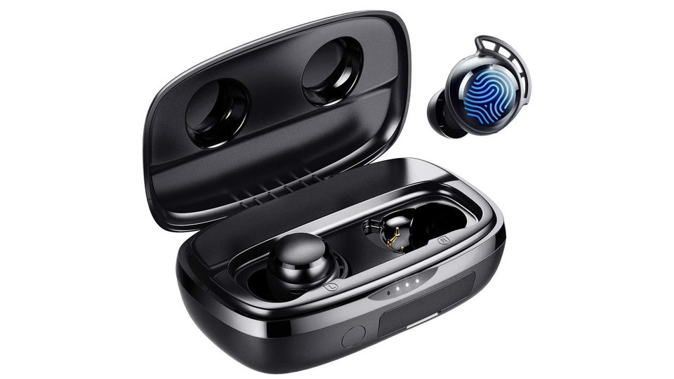 Tribit Flybuds 3 with one earbud in the open carrying case and another floating alongside