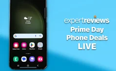 Expert Reviews Amazon prime Day smartphone deals liveblog. Front display of Samsung Galaxy S23 smartphone set against blue background
